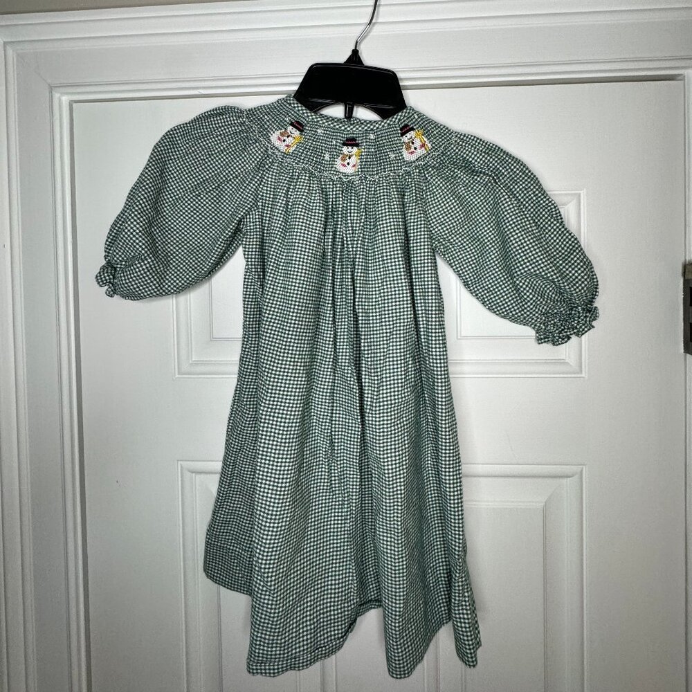 Silly Goose Girls Dress Green & White Gingham with Snowman Smocking Size 2